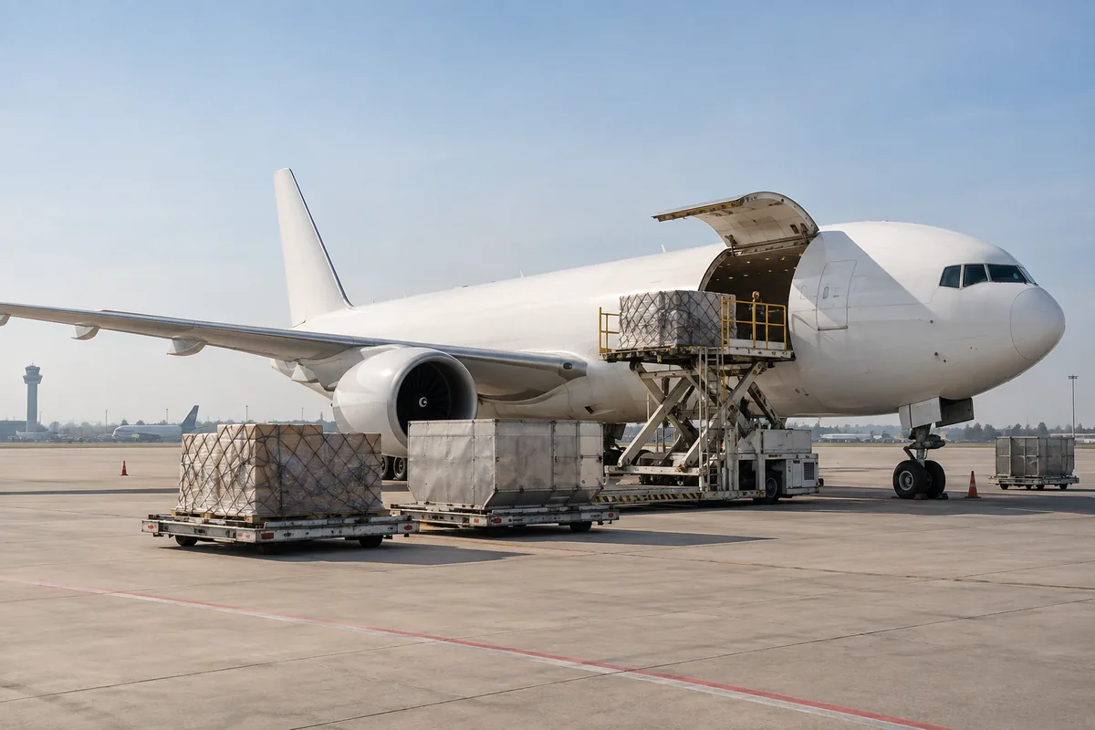 Illustrative air cargo operation with an unbranded aircraft and freight pallets on the apron
