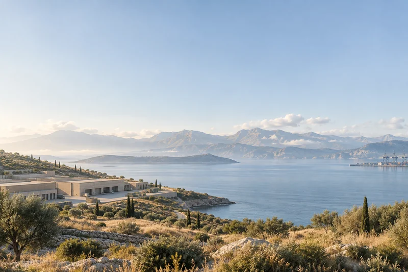 Illustrative Mediterranean cargo gateway and coastline