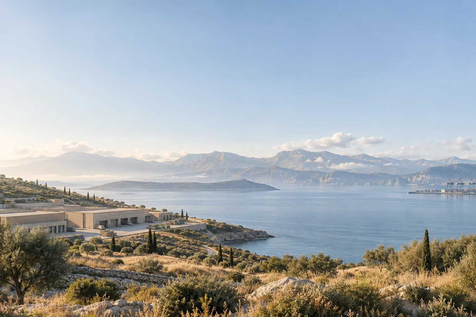 Illustrative Mediterranean coastal landscape with a cargo terminal, distant mountains and open sky