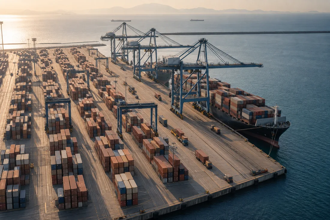 Illustrative container terminal with quay cranes and neatly arranged cargo