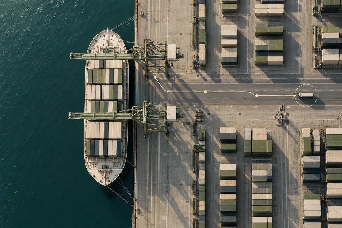 Illustrative aerial view of a cargo terminal with a subtle route marker linking the quay to a truck